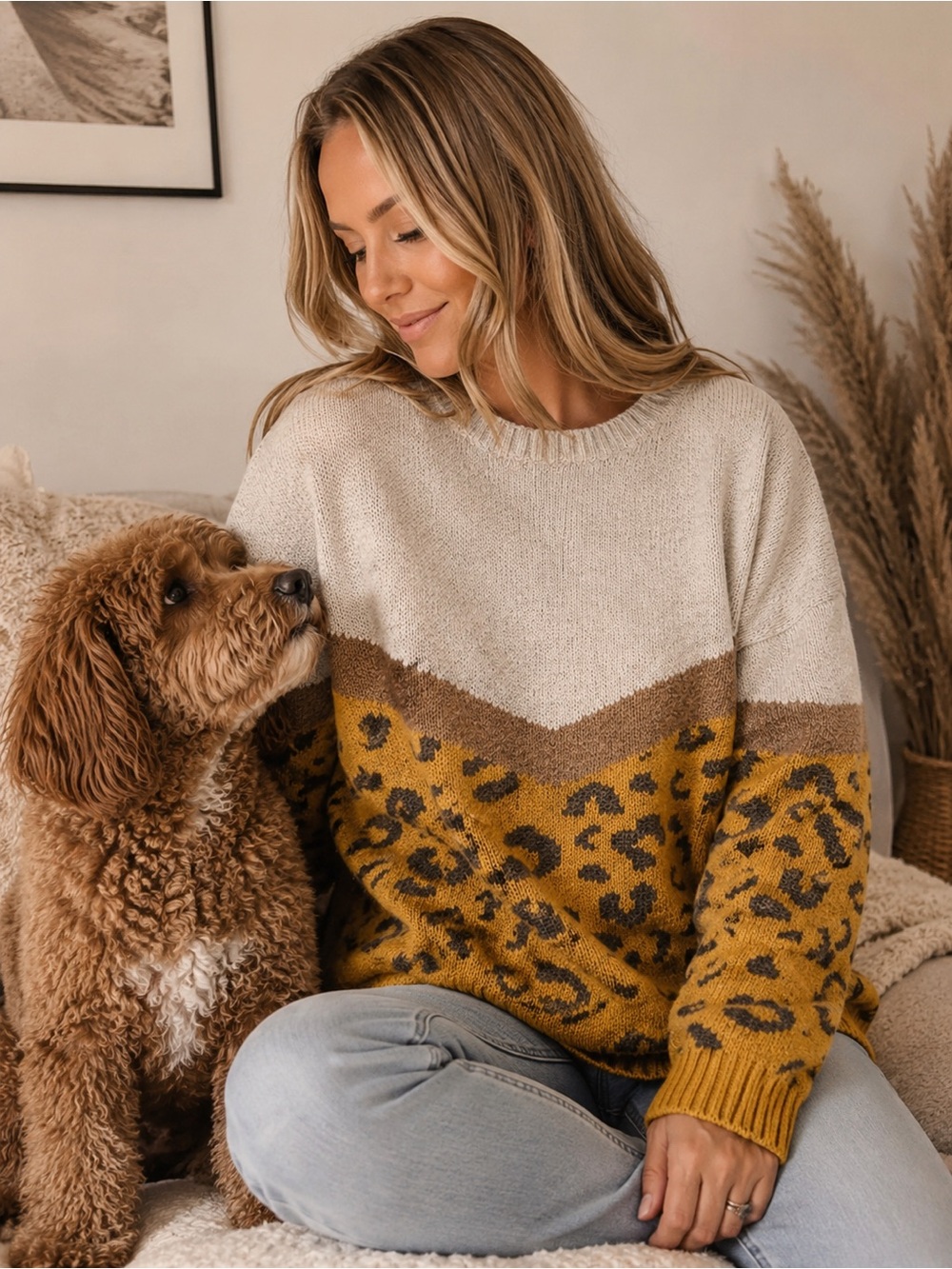 Cozy Colorblock Leopard Knit Sweater - Mustard & Cream